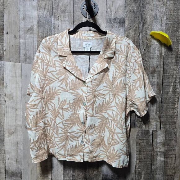 Nicole Miller Flax Linen Palm Print Tan and Cream Button Down Crop Top NWT - Picture 1 of 5
